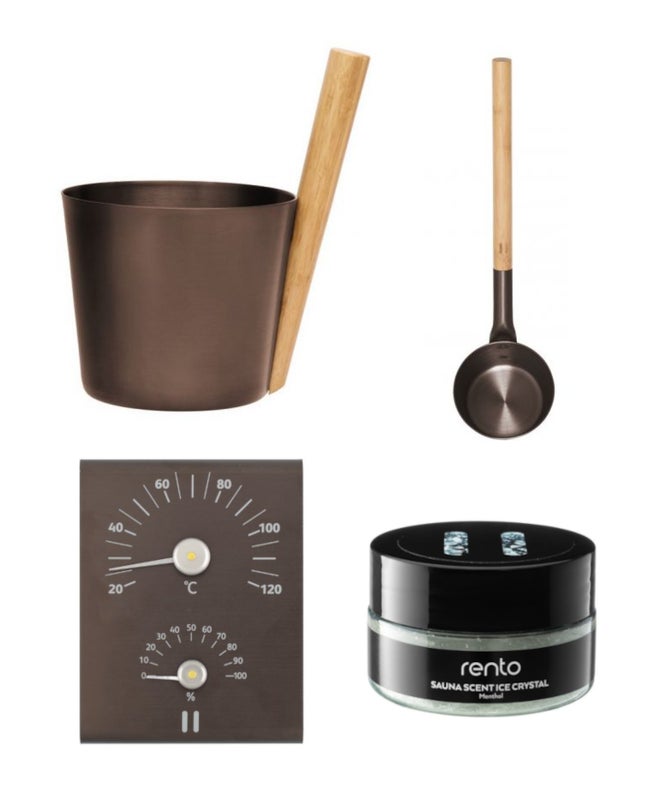 Rento Sauna set Tar brown aluminum/bamboo, includes ladle, pail, thermo/hygrometer, menthol crystal sauna scent